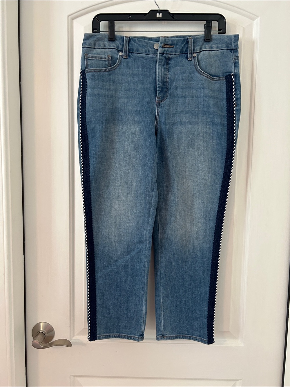 Chico's Light Blue Denim Ankle Jeans with Navy Side Stripe